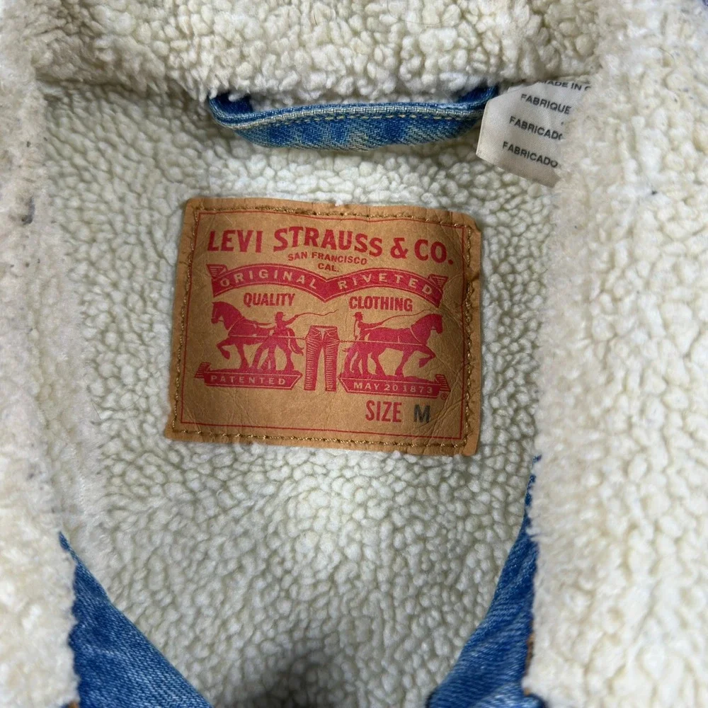 Vintage Levis Mens Sherpa Lined Denim Trucker Jacket Blue Medium 705980026 - Picture 3 of 6